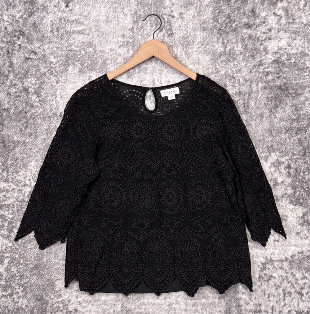 Velvet Graham & Spencer Top Small Womens Black Eyelet Scallop Overlay Blouse